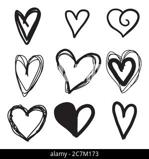Set of nine hand drawn heart. Handdrawn rough marker hearts isolated on white background. Vector illustration for your graphic design Stock Vector