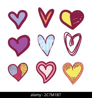 Set of nine hand drawn heart. Handdrawn rough marker hearts isolated on white background. Vector illustration for your graphic design Stock Vector