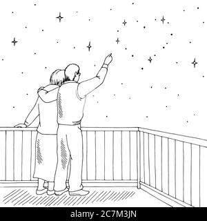 Old people stay at home looking at the stars heart shape from balcony graphic black white sketch illustration vector Stock Vector