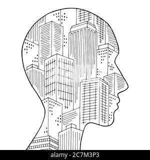 City in the head graphic black white sketch illustration vector Stock Vector