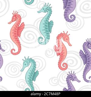 Sea horse color seamless pattern sketch background illustration vector Stock Vector