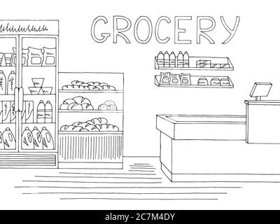 Grocery store shop interior black white graphic sketch illustration vector Stock Vector