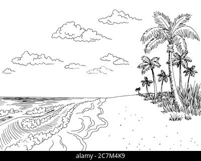 Sea coast graphic beach black white landscape sketch illustration ...