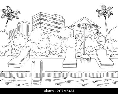 Swimming pool big hotel graphic black white landscape sketch illustration vector Stock Vector