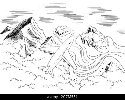 Airplane flying over the sea coast graphic black white landscape aerial view from above sketch illustration vector Stock Vector