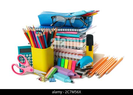 Different school supplies isolated on white background Stock Photo