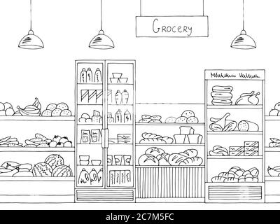 Grocery store shop interior black white graphic sketch seamless pattern illustration vector Stock Vector