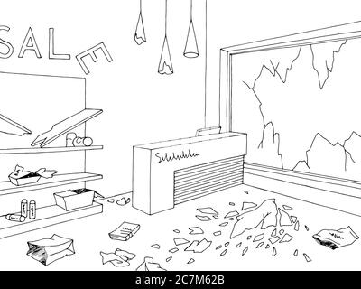 Destroyed store interior shop black white graphic sketch illustration vector Stock Vector