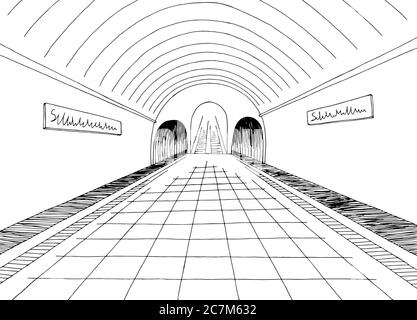Subway station platform interior graphic black white sketch illustration vector Stock Vector