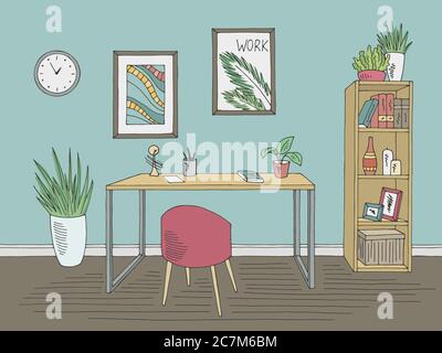 Home office graphic color interior sketch illustration vector Stock Vector