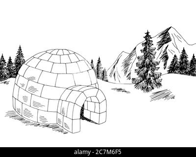 Igloo winter mountain landscape graphic black white sketch illustration vector Stock Vector