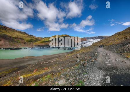 Fantastic view on Solheimajokull glacier in Katla Geopark on Icelandic Atlantic South Coast. Location: South glacial tongue of Myrdalsjokull ice cap, Stock Photo