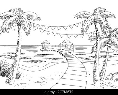 Sea coast beach party graphic black white landscape sketch illustration vector Stock Vector