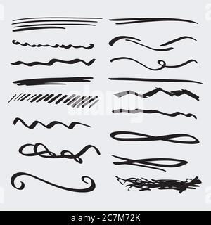 Handmade Collection Set of Underline Strokes in Marker Brush Doodle Style Various Shapes Stock Vector