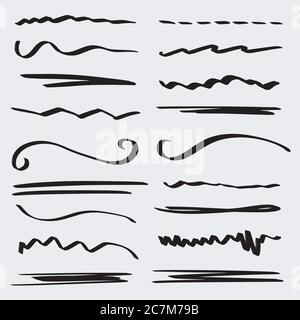 Handmade Collection Set of Underline Strokes in Marker Brush Doodle Style Various Shapes Stock Vector