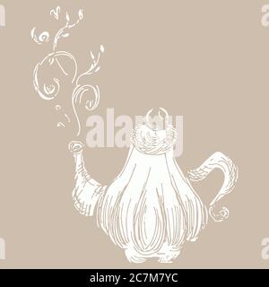 Hand drawn tea kettle illustration in engraving style for menu or cafe.Vector Arab coffee pot. Antique Arabian teapot. Hand drawn outline doodle illus Stock Vector