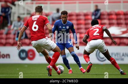 Cardiff City's Josh Murphy (centre) and Middlesbrough's Anfernee Dijksteel (left) and Dael Fry battle for the ball during the Sky Bet Championship match at the Riverside Stadium, Middlesbrough. Stock Photo