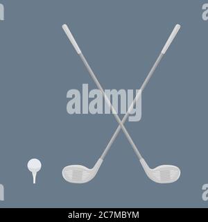 Two crossed Golf clubs, a ball and a Golf stand on a navy background.Sports equipment for golfing. Vector flat illustration Stock Vector