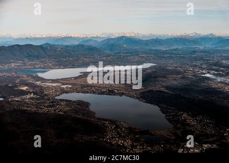 Aerial shot of a suburban valley with scenic lakes Stock Photo