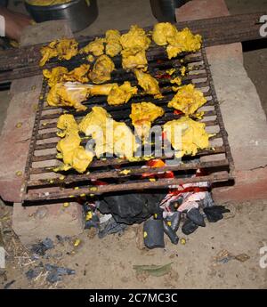 Marinated chicken preparing on a barbecue grill over charcoal. Chicken meat pieces on grill. Stock Photo