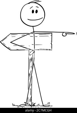 Vector cartoon stick figure drawing conceptual illustration of man or businessman pointing at opposite direction than road sign. Different way, decision, individuality concept. Stock Vector