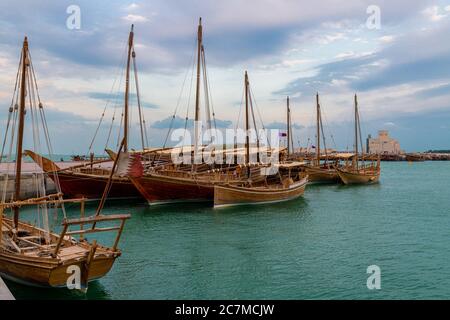 Many Sightseeing boats in the Doha, Qatar Stock Photo