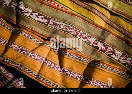 Colorful woven fabrics, Chaullacocha vilage, Andes Mountains, Peru, South America Stock Photo