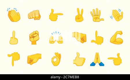 All Hand Emojis Gestures Vector Icons Set. Biceps, fist, folded hands, victory hand emojis. Emoticon Gesture Illustrations Collection Stock Vector