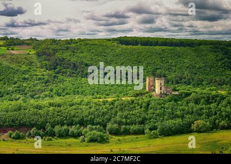 Spring view of Chervonohorod Castle ruins ( Nyrkiv village , Zalischyky region, Ternopil Oblast, Ukraine) Stock Photo