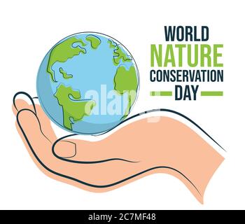 World Nature Conservation Day, Earth on hand symbol of care and protection, poster for web, illustration vector Stock Vector