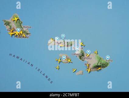 air traffic on Hawaiian islands (17 july 2020, UTC 19.31)  on Internet with Flightradar 24 site, during the Coronavirus Pandemic