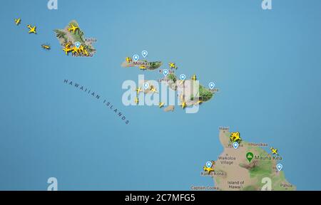 air traffic on Hawaiian islands (17 july 2020, UTC 19.31)  on Internet with Flightradar 24 site, during the Coronavirus Pandemic