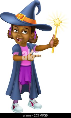 Black Girl Cartoon Child Halloween Witch Costume Stock Vector