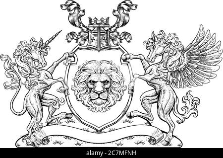 Coat of Arms Pegasus Unicorn Crest Lion Shield Stock Vector
