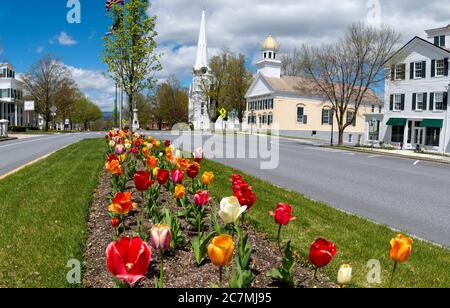 Springtime view of the historic and colorful Manchester Village in Manchester, Vermont. Stock Photo