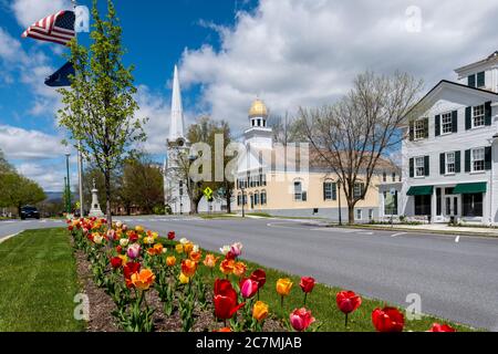 Springtime view of the historic and colorful Manchester Village in Manchester, Vermont. Stock Photo
