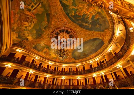 The high ceiling of the famous Opera House in Manaus showing fine detail and paintings, plus upstairs seating, Manaus, Amazonas State, Brazil Stock Photo