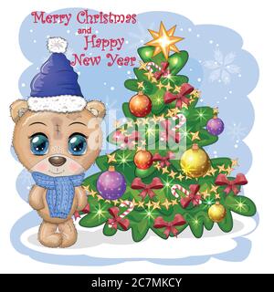 Cute cartoon bear with big eyes in a scarf and hat near a Christmas tree. Stock Vector