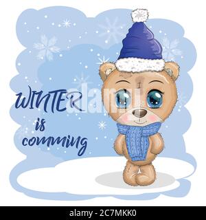 Cute cartoon bear with big eyes in a scarf and hat. Winter is coming inscription. Stock Vector