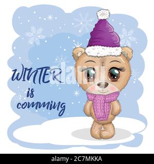 Cute cartoon bear with big eyes in a scarf and hat. Winter is coming inscription. Stock Vector