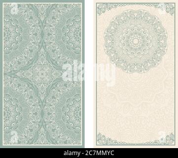 Set of wedding invitations or greeting cards with floral mandala in green and beige. Business card. Postcard. Vintage decorative elements. Vector. Stock Vector