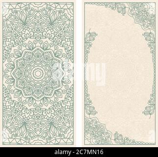 Set of wedding invitations or greeting cards with floral mandala in green and beige. Business card. Postcard. Vintage decorative elements. Vector. Stock Vector