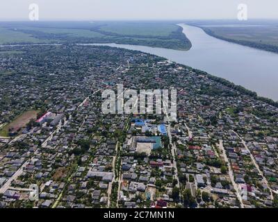 Aerial view on Vilkovo city (Ukrainian Venice, city built on water) on background is Ankudinov islands Stock Photo