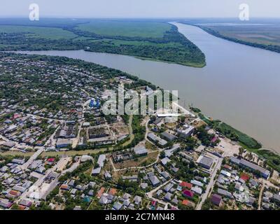 Aerial view on Vilkovo city (Ukrainian Venice, city built on water) on background is Ankudinov islands Stock Photo