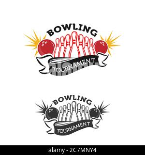 Bowling of vector emblems, badges and labels in vintage monochrome style isolated on white background.EPS 10 Stock Vector