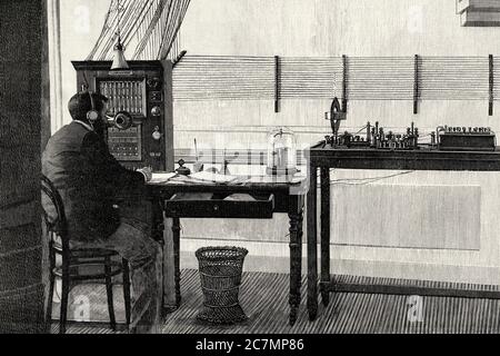 Interurban telephone network of northeast Spain in the nineteenth century, central communication station offices in Madrid, Spain. From La Ilustracion Española y Americana 1895 Stock Photo