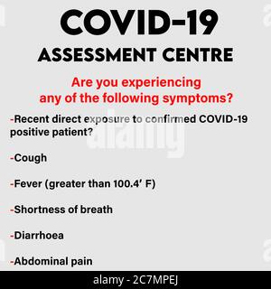 Covid19 Assessment Center Notice With list of symptoms of Coronavirus. Stock Vector