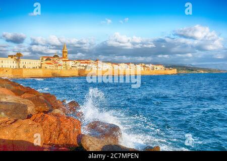 Marvelous evening cityscape of historical part of Alghero town. Fantastic  Mediterranean seascape. Location:  Alghero, Province of Sassari, Italy, Eur Stock Photo