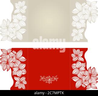 Layout invitation card with floral pattern in red color for weddings and other celebrations. Suitable for laser cutting. Open envelope. Stock Vector