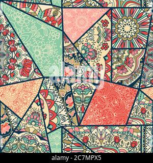 Seamless abstract colorful patchwork pattern with stripes and floral pattern. Vector illustration. Stock Vector